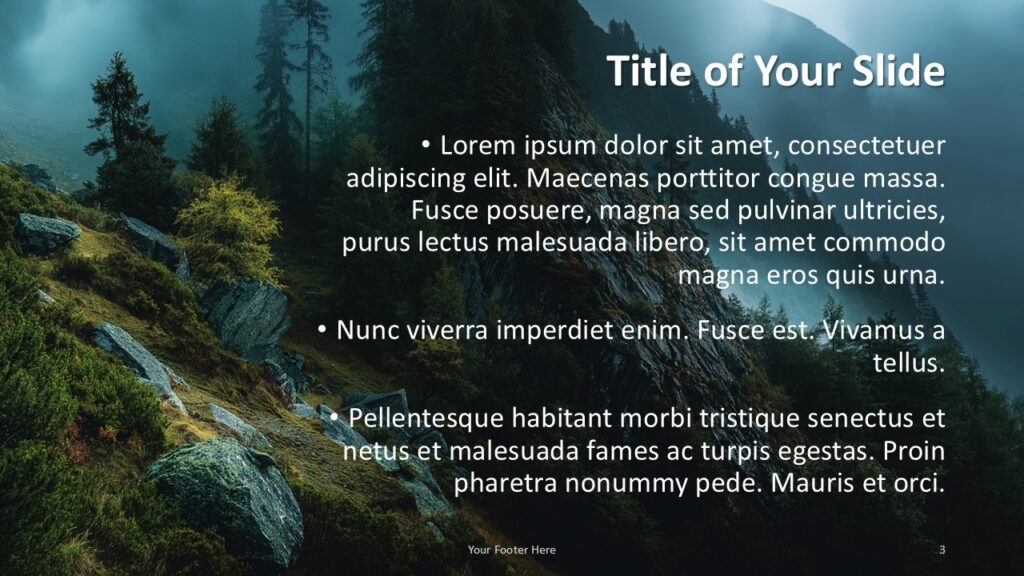 Misty Peaks PowerPoint Google Slides Content Slide Misty Peaks alternative content slide template for PowerPoint and Google Slides with balanced text layout and mountain imagery.