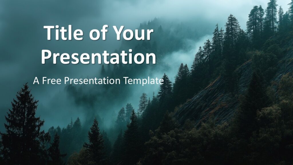 Misty Peaks PowerPoint Google Slides Cover Slide Misty Peaks cover slide template for PowerPoint and Google Slides with misty mountain forest background and bold typography.