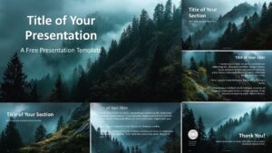 Misty Peaks template preview for PowerPoint and Google Slides featuring cinematic mountain backgrounds and editable layouts.