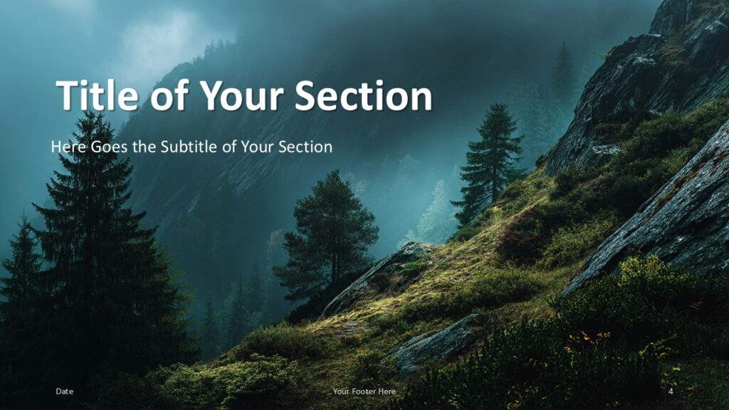 Misty Peaks PowerPoint Google Slides Section Slide Misty Peaks section divider template for PowerPoint and Google Slides with strong title hierarchy and forest backdrop.