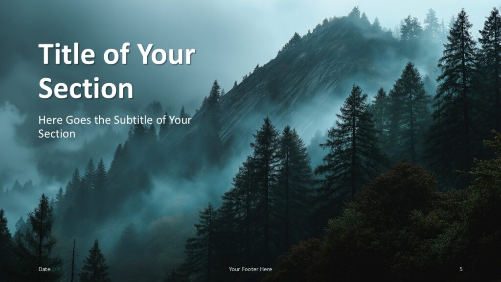 Misty Peaks PowerPoint Google Slides Divider Layout Misty Peaks alternate section divider template for PowerPoint and Google Slides featuring cinematic mountain visuals.