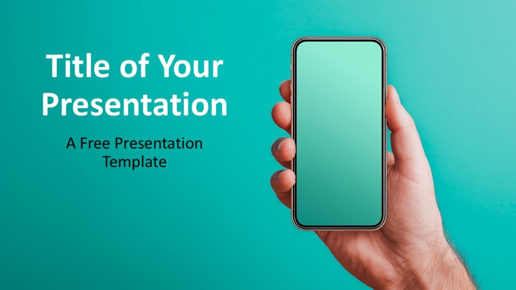 Mobile Gradient Cover Slide for PowerPoint and Google Slides Cover slide from the Mobile Gradient Template for PowerPoint and Google Slides featuring a smartphone photo and bold gradient design.