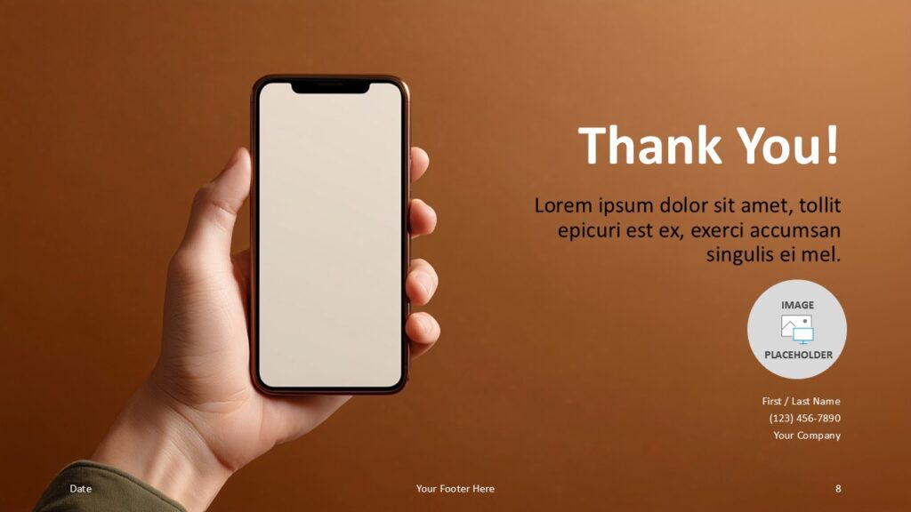 Mobile Gradient Thank You Slide for PowerPoint and Google Slides Thank you slide from the Mobile Gradient Template for PowerPoint and Google Slides designed for contact details and presentation closure.