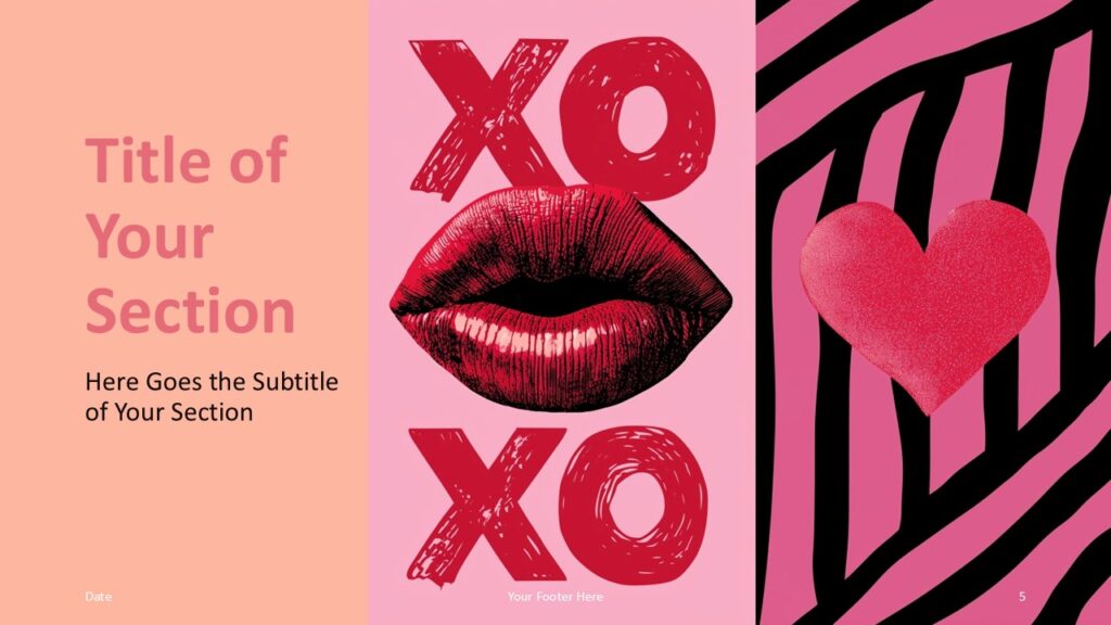 Pop Art Love XO Slide PowerPoint Google Slides Pop Art Love XO section slide for PowerPoint and Google Slides featuring graphic lettering and romantic pop art styling.