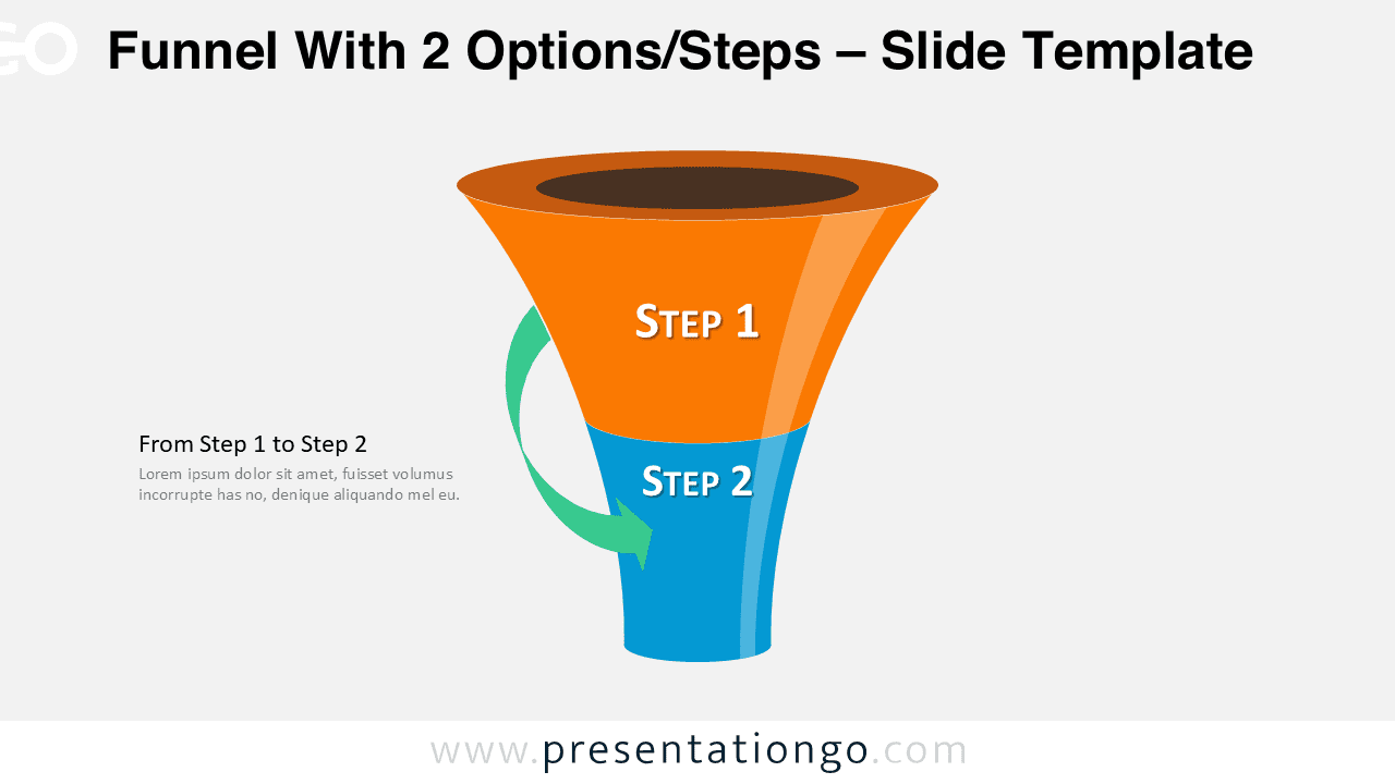 Two level funnel diagram for PowerPoint with colorful stacked sections and green curved arrow showing conversion flow