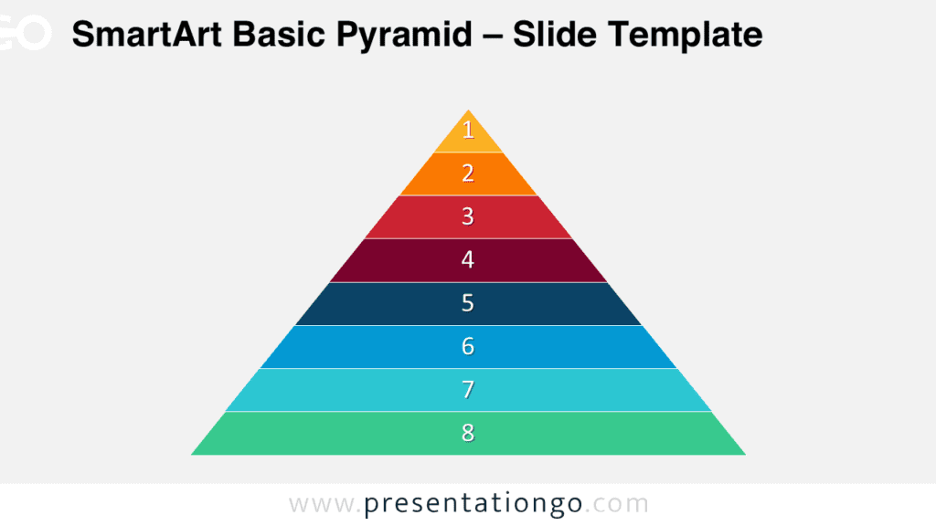 PowerPoint pyramid diagram SmartArt with 8 colored levels showing hierarchical structure and editable stages for charts and presentations