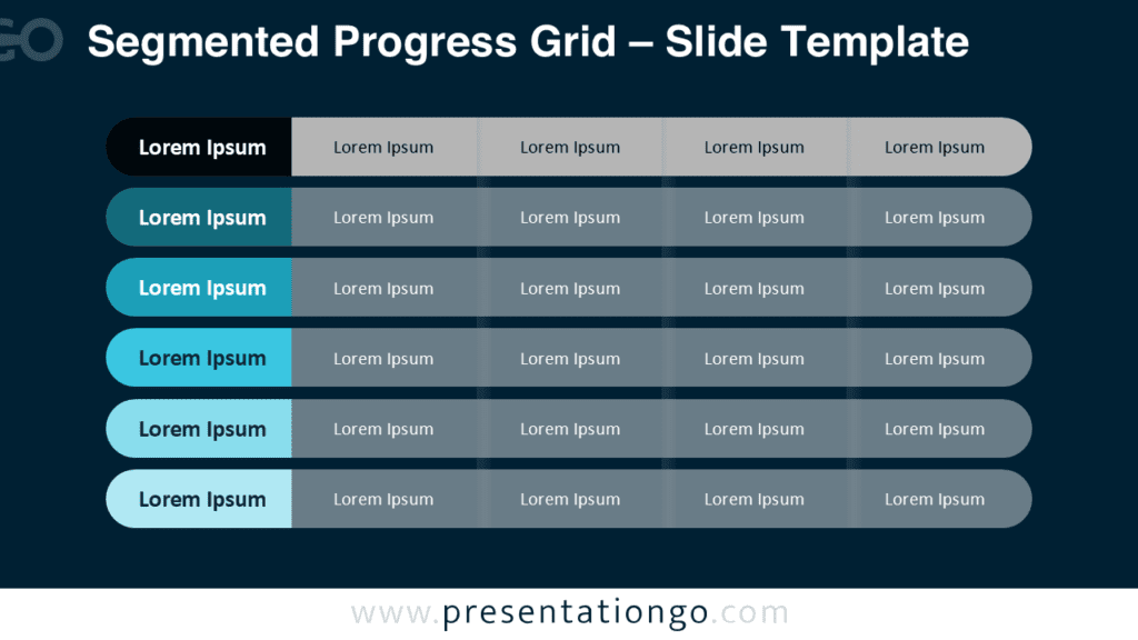 Segmented Progress Grid Dark Background PowerPoint Diagram Segmented Progress Grid diagram for PowerPoint and Google Slides optimized for dark slides with structured multi-row comparison layout.