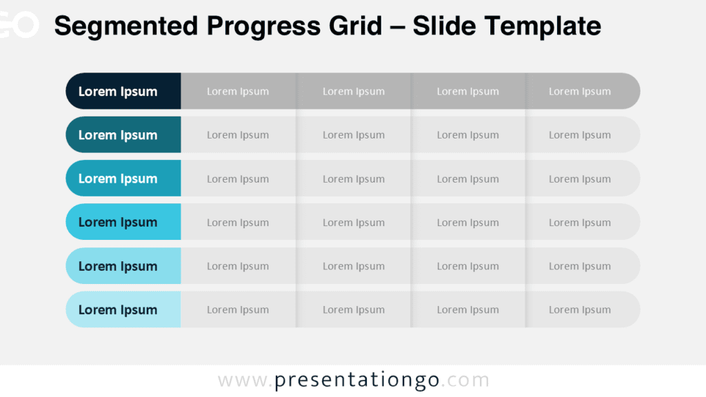 Segmented Progress Grid PowerPoint Comparison Diagram Horizontal Segmented Progress Grid diagram for PowerPoint and Google Slides designed for tier comparisons and KPI overview slides.