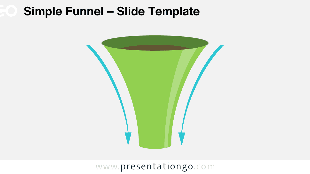 Editable simple funnel diagram for PowerPoint showing vertical cone with curved arrows indicating downward flow and conversion