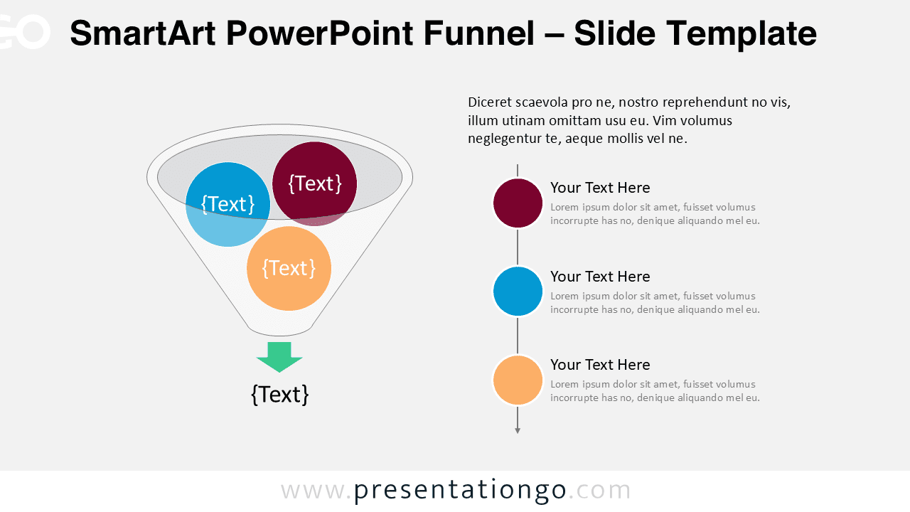 SmartArt funnel process slide for PowerPoint with three input circles, cone funnel and vertical step description layout