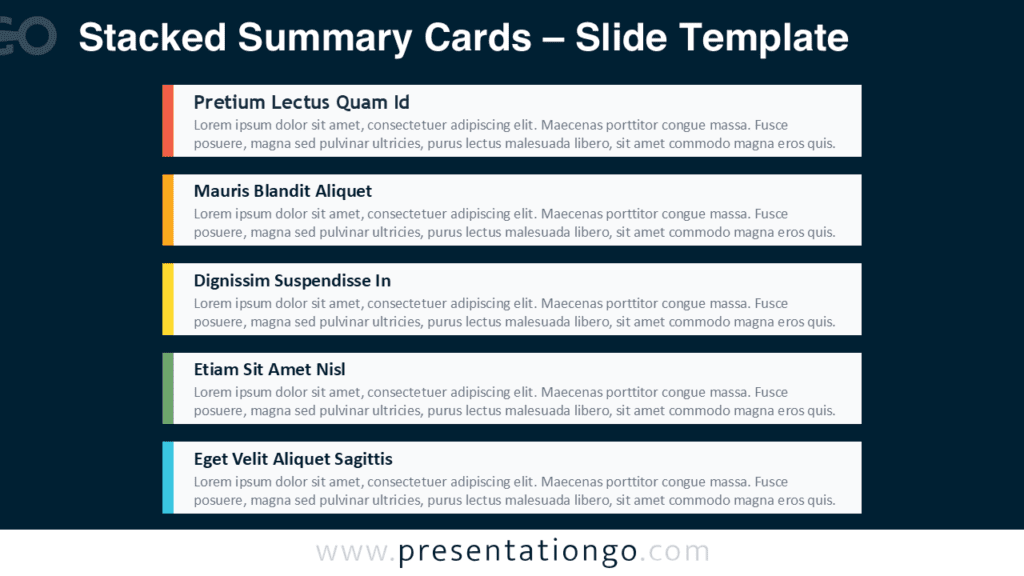 Stacked Summary Cards on a dark background for PowerPoint and Google Slides, with five horizontal cards and colored accent bars.