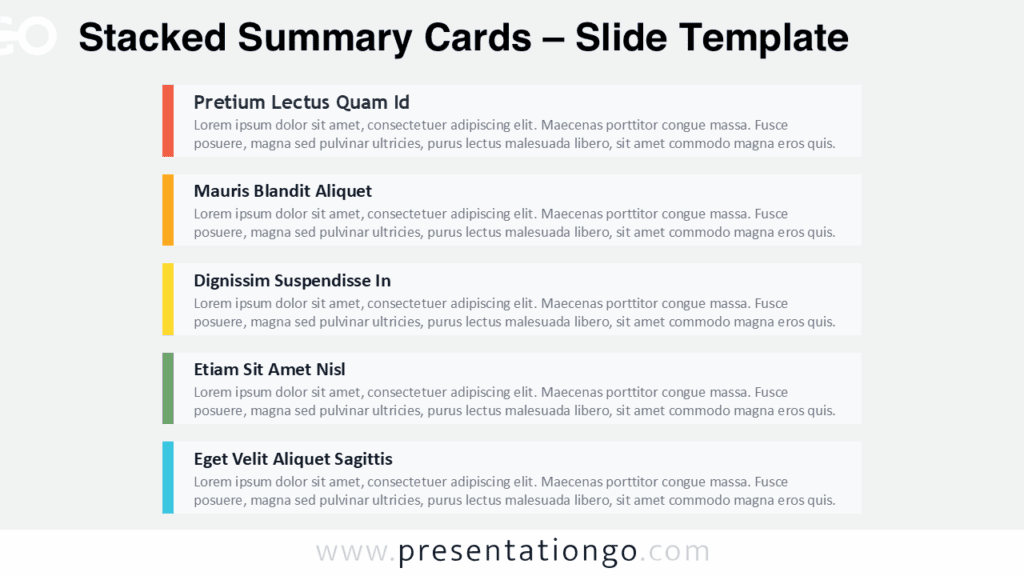 Editable stacked summary cards for PowerPoint and Google Slides, showing five titles with supporting text in clean content panels.