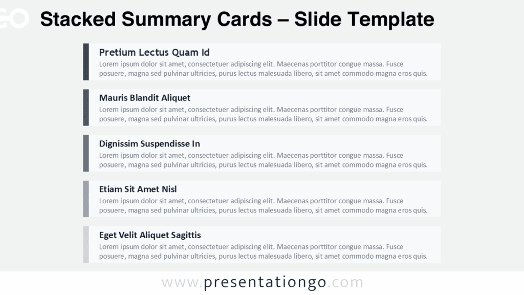 Stacked Summary Cards for PowerPoint and Google Slides using monochrome accent bars and five clean text cards for summaries.