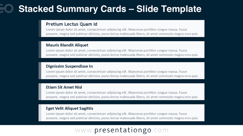 Monochrome Stacked Summary Cards on a dark background for PowerPoint and Google Slides, built with five editable content cards.