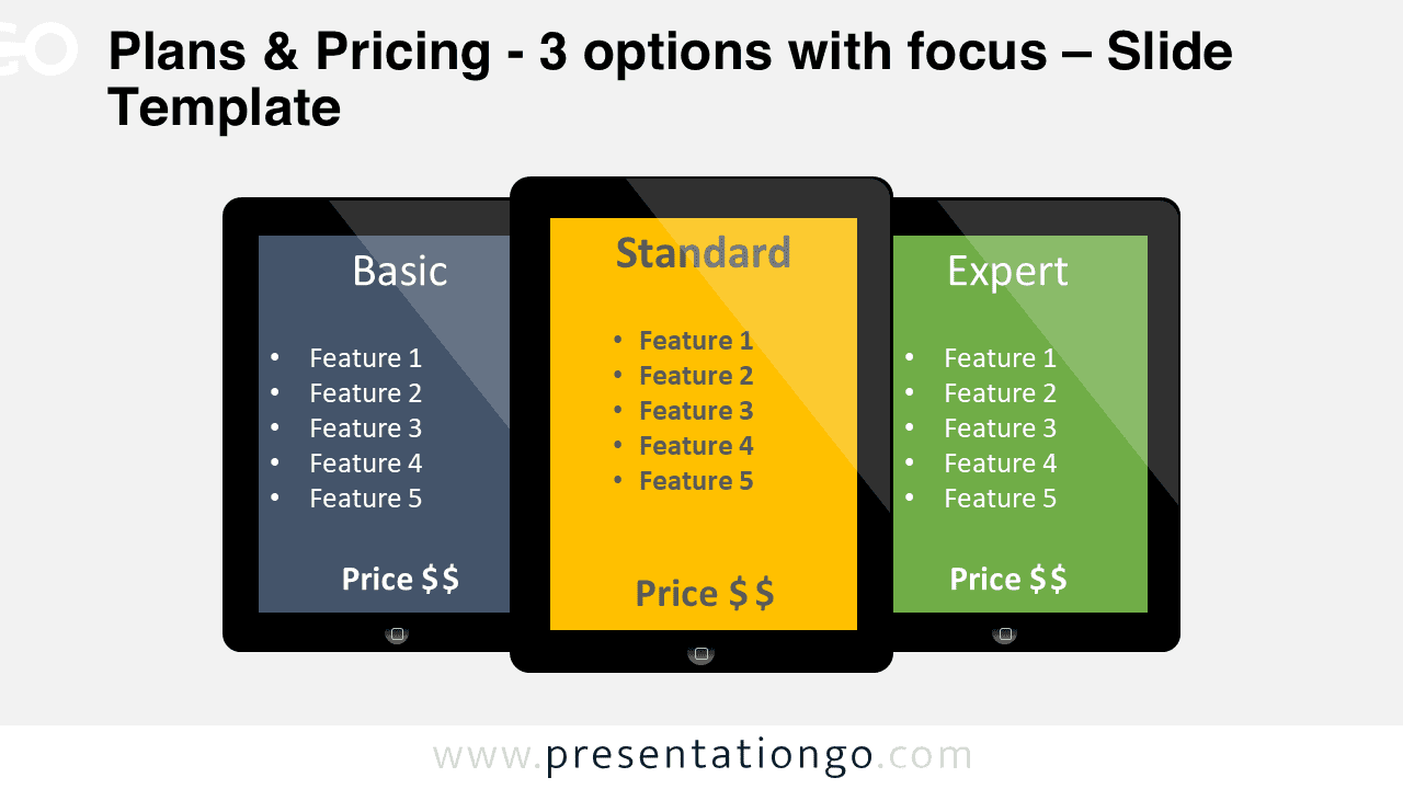 Three pricing plans PowerPoint slide showing Basic Standard and Expert options with highlighted recommended plan in tablet-style comparison layout