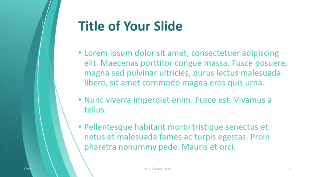 Turquoise Abstract PowerPoint Template Content Slide Turquoise abstract PowerPoint template content slide with curved gradient shapes, white section and clean corporate layout