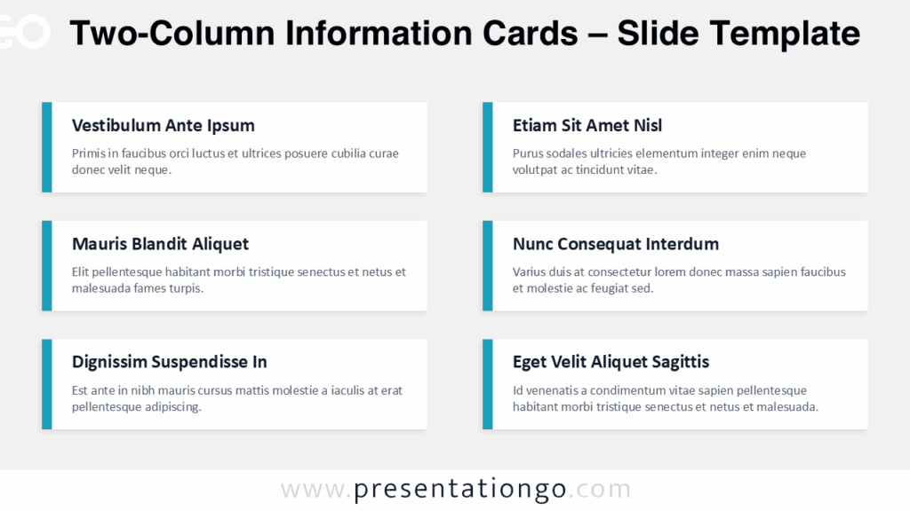 Two-Column Information Cards Layout for PowerPoint Two-column information cards layout with six clean content cards in PowerPoint and Google Slides for agendas, pillars, and feature lists.