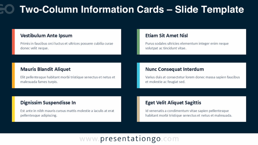 Two-Column Information Cards PowerPoint Dark Background Two-column information cards layout on dark background in PowerPoint and Google Slides, showing six cards for clear overviews and takeaways.