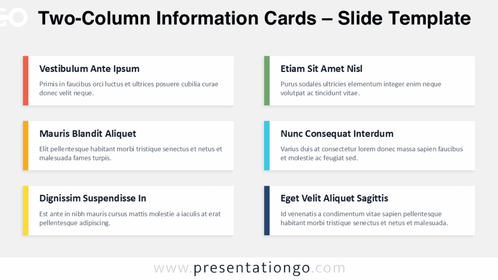 Two-column information cards slide with six editable cards in PowerPoint and Google Slides for highlights, updates, and key points.