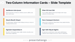 Two-column information cards slide with six editable cards in PowerPoint and Google Slides for highlights, updates, and key points.