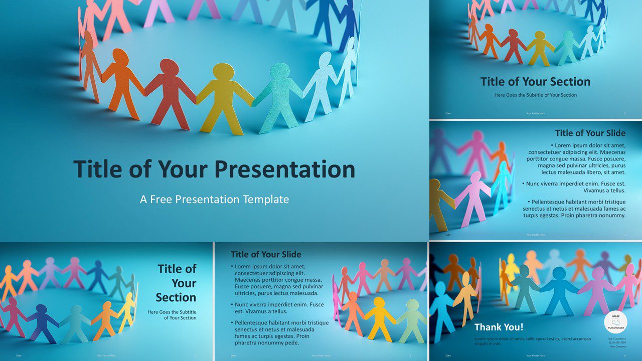 Unity Circle PowerPoint and Google Slides template with seven cohesive slides designed for teamwork and collaboration presentations.