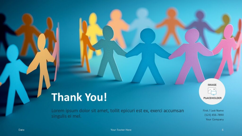 Unity Circle PowerPoint Google Slides Thank You Unity Circle thank you slide for PowerPoint and Google Slides with contact placeholder and colorful team figures.