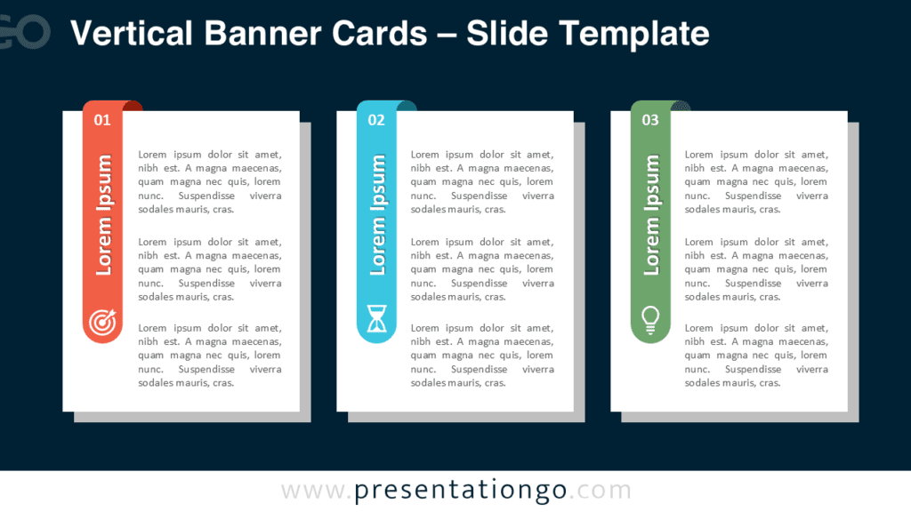 Vertical Banner Cards Diagram for PowerPoint on Dark Background Vertical Banner Cards diagram for PowerPoint with dark background, featuring three vertical cards, numbered steps, icons, and editable content.