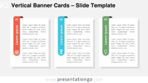 Three-step Vertical Banner Cards process diagram for PowerPoint and Google Slides using vertical cards, icons, and structured content blocks.