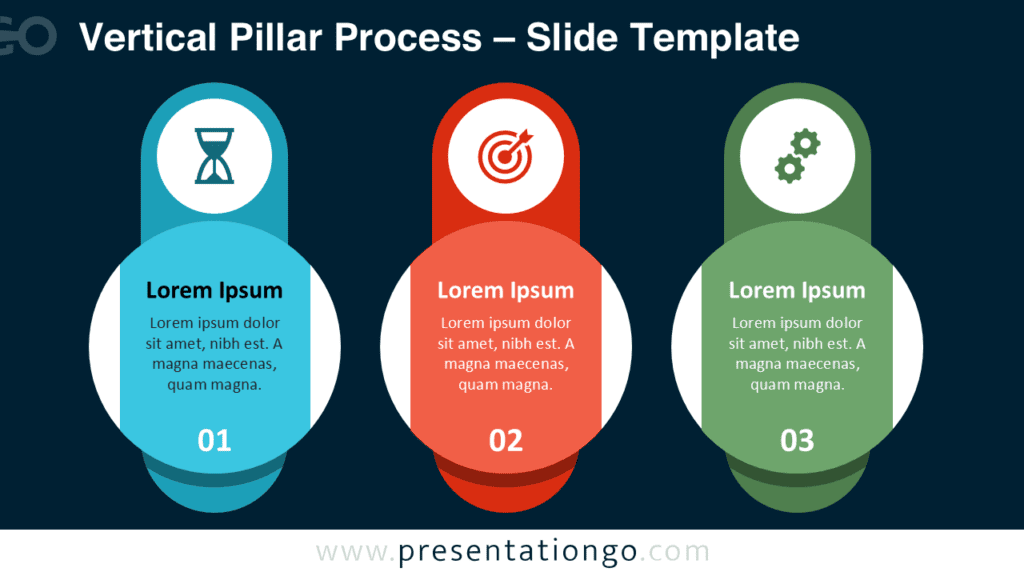 Vertical Pillar Process Dark Background PowerPoint Vertical Pillar Process diagram for PowerPoint with dark theme layout and editable icons, compatible with Google Slides.