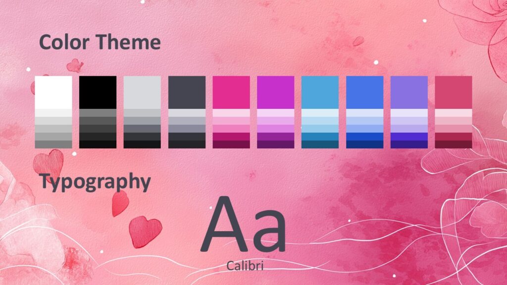 Watercolor Romance Fonts and Colors PowerPoint Google Slides Fonts and color palette slide from Watercolor Romance template for PowerPoint and Google Slides displaying pink tones and typography.