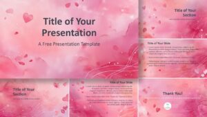 Complete Watercolor Romance template for PowerPoint and Google Slides showcasing soft pink textures, heart accents, and structured layouts.