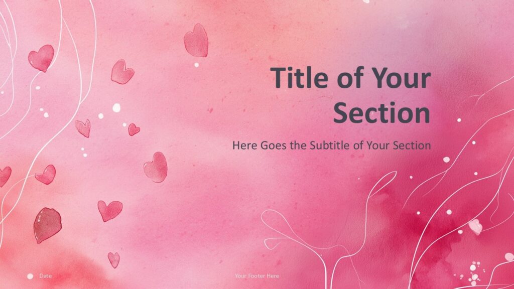 Watercolor Romance Section Slide PowerPoint Google Slides Alternate section slide from Watercolor Romance template for PowerPoint and Google Slides with flowing lines and watercolor hearts.
