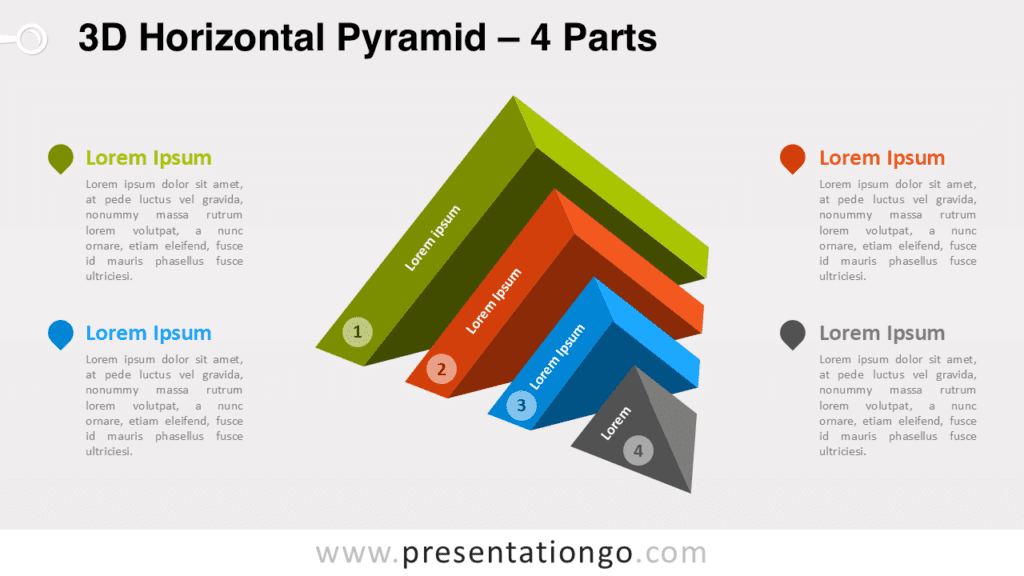 3D Horizontal Pyramid for PowerPoint 3D horizontal pyramid diagram template for PowerPoint showing four layered pyramid segments illustrating steps, process stages or progression.
