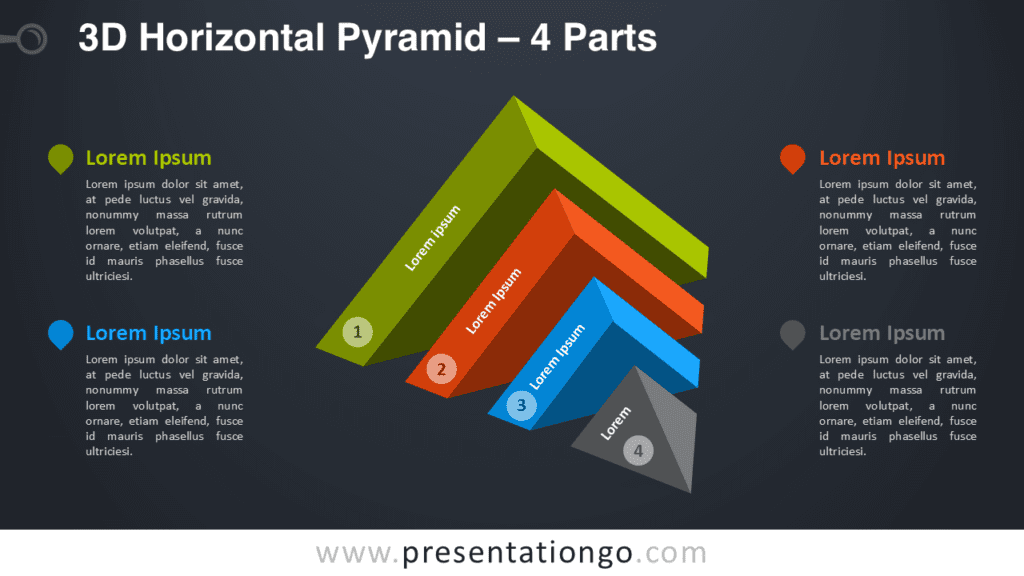 3D Horizontal Pyramid for PowerPoint Dark Slide 3D horizontal pyramid diagram template for PowerPoint on dark background with four stacked pyramid layers representing stages or workflow.