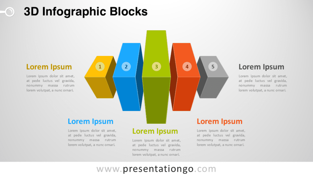 3D infographic blocks diagram template for PowerPoint showing five cuboid blocks representing steps, ideas or stages in a process.