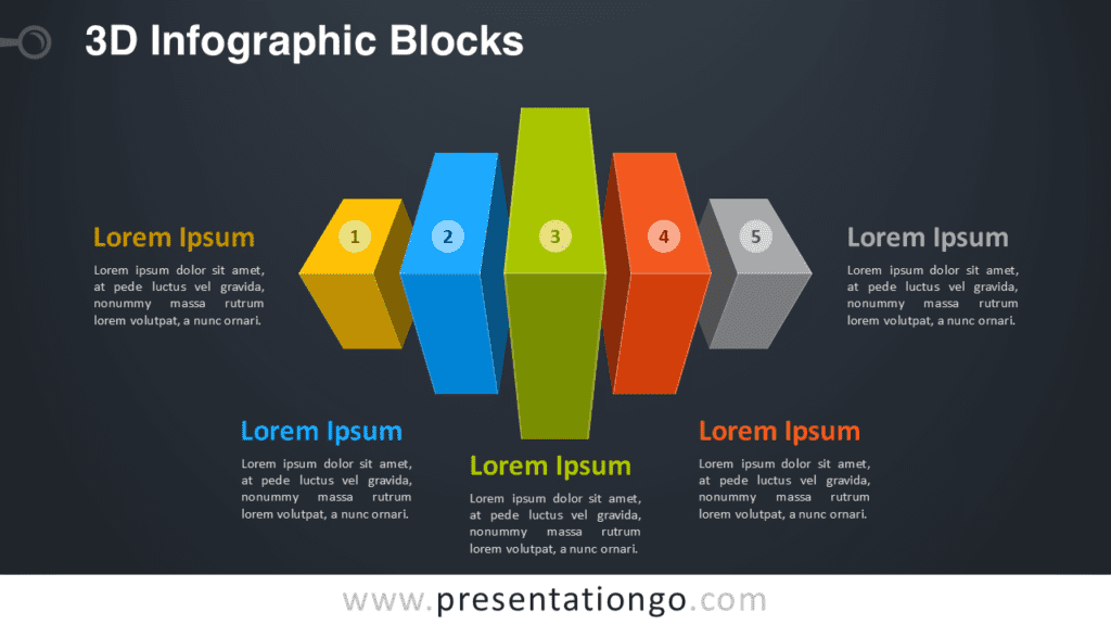 3D Infographic Blocks for PowerPoint Dark Slide 3D infographic blocks diagram template for PowerPoint on dark background with five cuboid blocks illustrating steps or workflow stages.