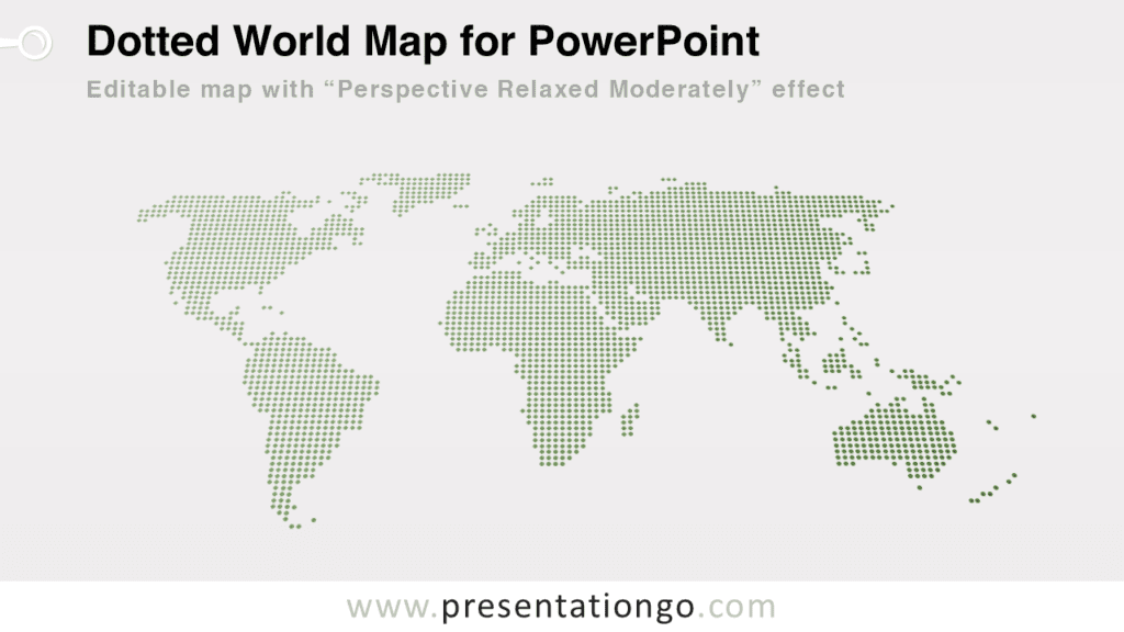 3D perspective dotted world map for PowerPoint showing continents formed by green dots in a modern editable global map design.