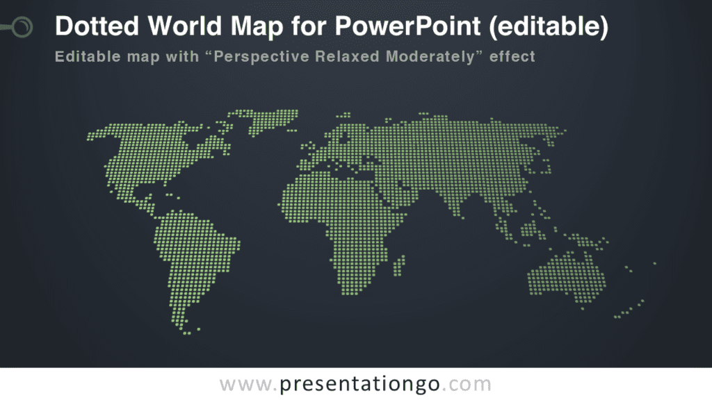3D Perspective Dotted World Map for PowerPoint Dark Slide 3D perspective dotted world map for PowerPoint on dark background with continents formed by green dots in a modern editable map.