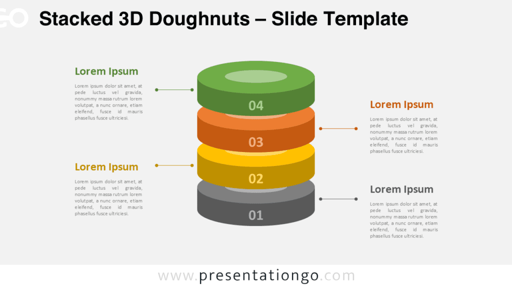 3D stacked doughnut PowerPoint diagram with four vertical stages illustrating a linear process or progression workflow.