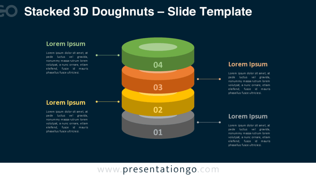 3D Stacked Doughnut Diagram for PowerPoint 3D stacked doughnut PowerPoint diagram showing four vertical process stages used to illustrate a workflow or progression.