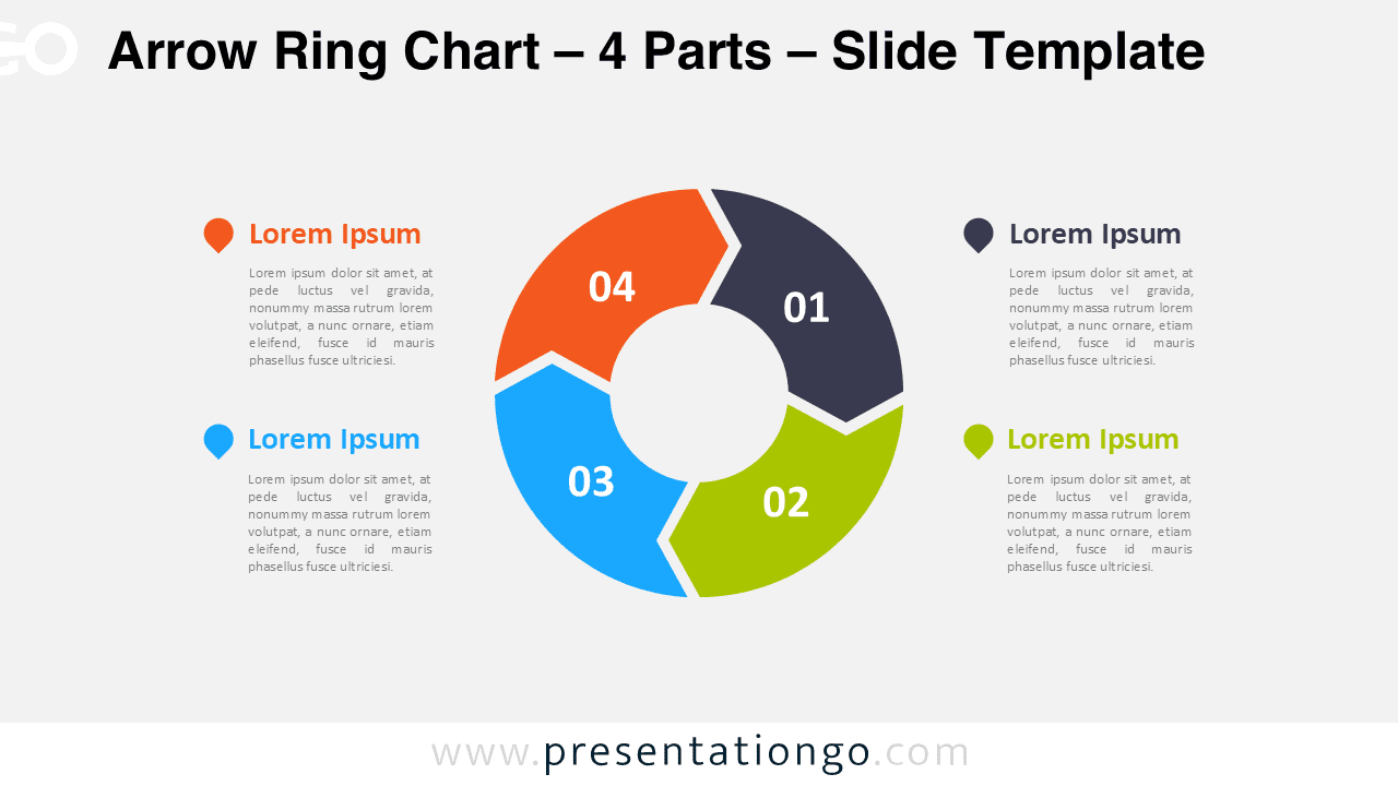 4 parts arrow ring PowerPoint chart showing a circular process diagram with four connected arrow segments.