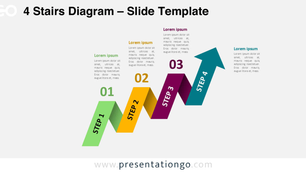 4 staged arrow stair diagram for PowerPoint showing colorful step arrows illustrating a four step process progression.