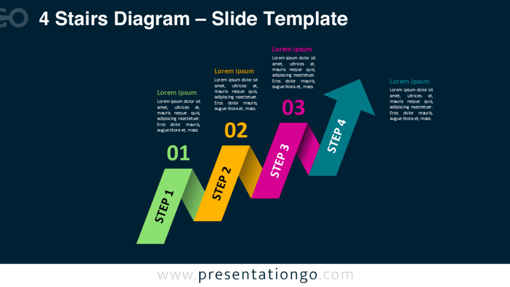 4 Staged Arrow Stair Diagram for PowerPoint Dark Slide 4 staged arrow stair diagram for PowerPoint on dark background with colorful arrows representing four step process progression.