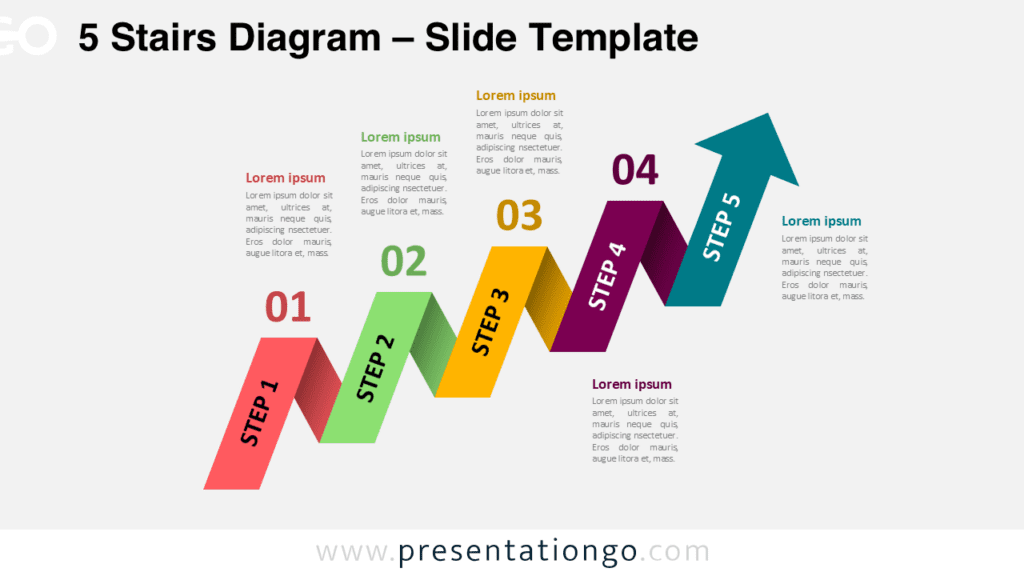 5 staged arrow stair diagram for PowerPoint showing colorful step arrows illustrating a five step process progression.