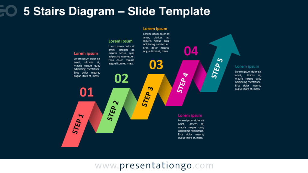 5 Staged Arrow Stair Diagram for PowerPoint Dark Slide 5 staged arrow stair diagram for PowerPoint on dark background with colorful arrows representing five step process progression.