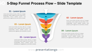 5-step funnel process flow diagram for PowerPoint and Google Slides illustrating detailed workflow stages in a vertical funnel layout