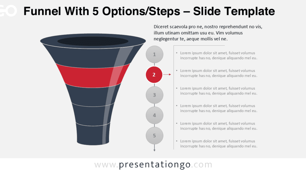 Layered Funnel Process Step 2 Diagram for PowerPoint Layered funnel process diagram highlighting step two in a five-stage funnel used for marketing conversion stages or business workflow.
