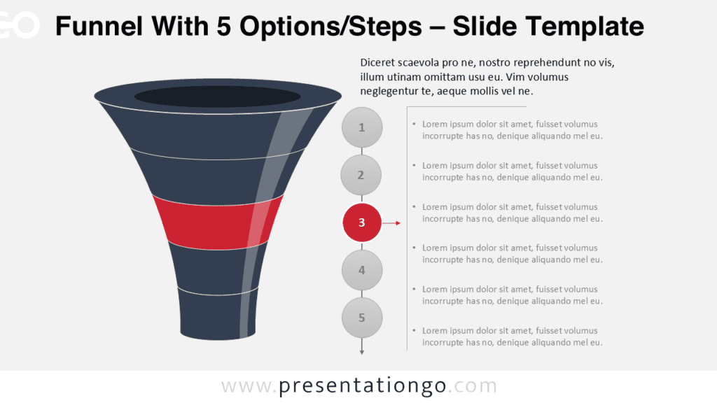Layered Funnel Process Step 3 Diagram for PowerPoint Layered funnel process diagram highlighting step three in a five-stage funnel used for marketing conversion stages or business workflow.
