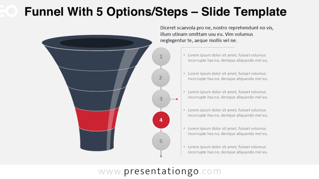 Layered Funnel Process Step 3 Diagram for PowerPoint Layered funnel process diagram highlighting step four in a five-stage funnel used for marketing conversion stages or business workflow.