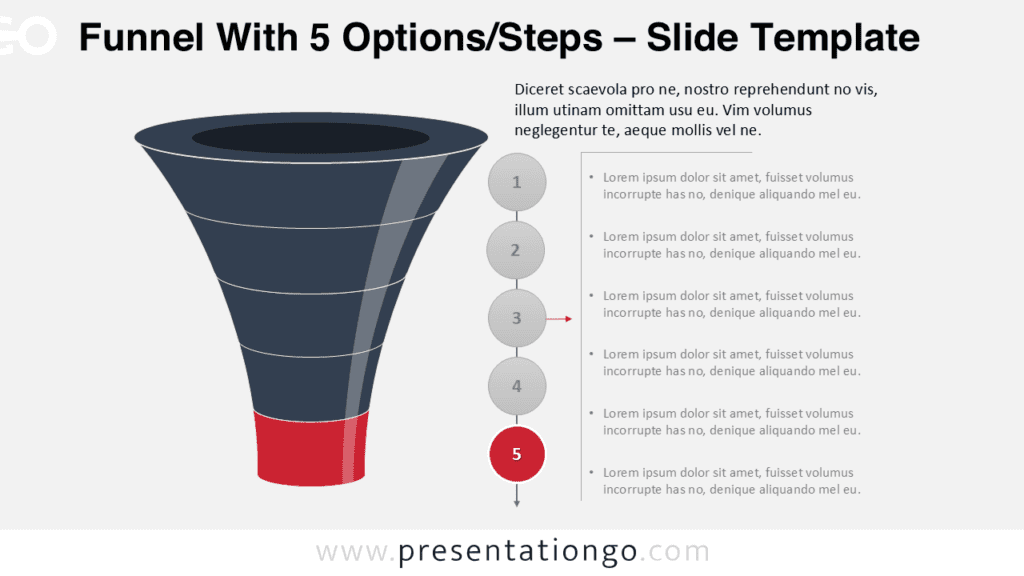 Layered Funnel Process Step 5 Diagram for PowerPoint Layered funnel process diagram highlighting step five in a five-stage funnel used to present conversion stages or sequential workflow.